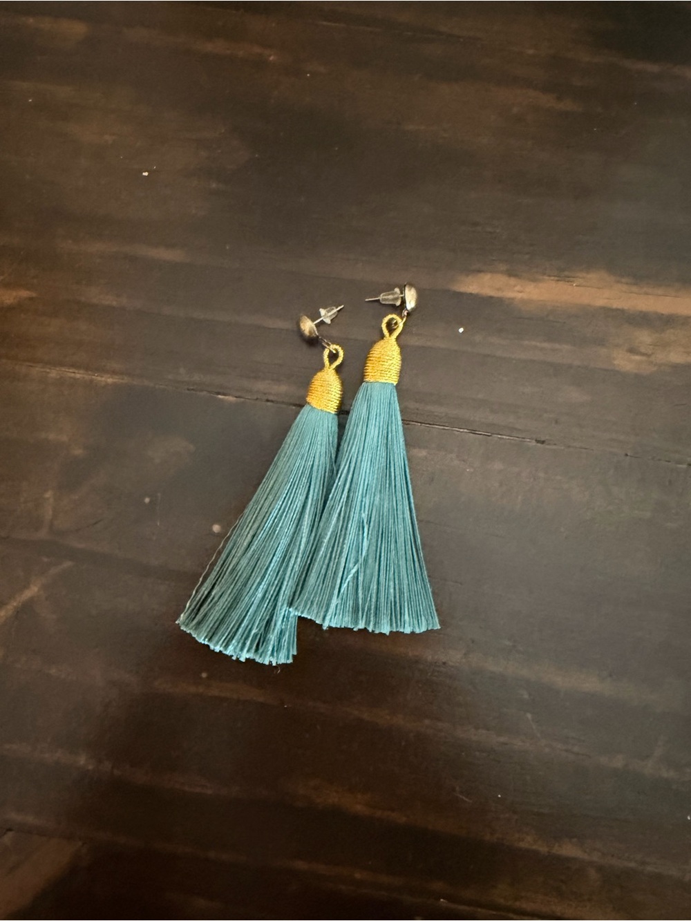 Gold-Capped Teal Tassel Drop Earrings - Women Jewelry